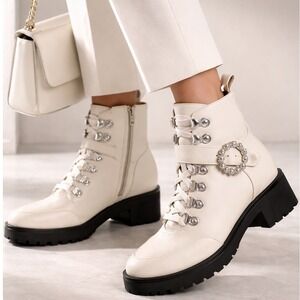 Nanette Lepore Irina Cream White Jewel Buckle Zip Up Hiker Boots Size 9.5